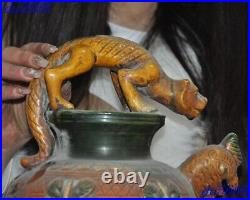 10China tangsancai Pottery porcelain bird beast Zun Crock tank pot jar statue