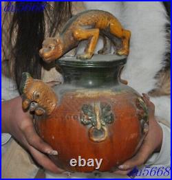 10China tangsancai Pottery porcelain bird beast Zun Crock tank pot jar statue
