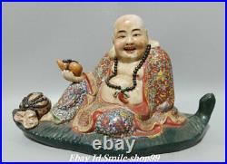 10.6 Old Famille Rose Porcelain Seat Banana leaf Happy Maitreya Buddha Statue