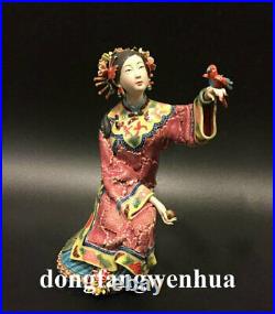 10 China Wucai Porcelain Pottery Beauty Belle Women Lady Hold Bird Wealth Statue