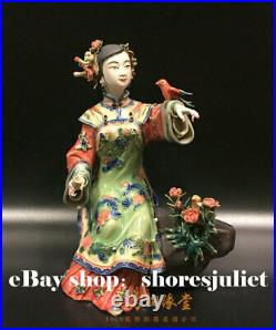 10 China Wucai Porcelain Pottery Beauty Belle Women Play Bird Flower Sculpture