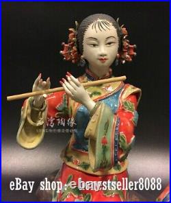 10 China Wucai porcelain Pottery Classical Belle Women play flute Bird Statue