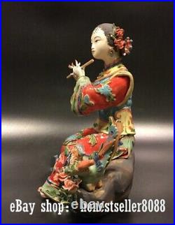 10 China Wucai porcelain Pottery Classical Belle Women play flute Bird Statue