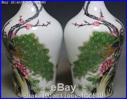 10 Marked Enamel Porcelain Peacock Bird Plum Flower Magnolia Vase Bottle Pair