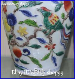 10 Unique Chinese Wucai Porcelain Peach Tree Leaf Magpie Bird Vase Bottle Pair