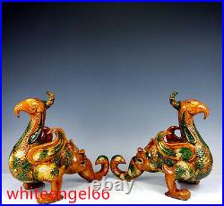 11.2 Chinese old Tang dynasty Porcelain A pair Tangsancai Ice crack bird Statue