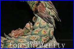 11.4'' Old China Wucai Porcelain Wealth Peony Flower Peacock Peahen Bird Statue