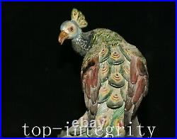11.4'' Old China Wucai Porcelain Wealth Peony Flower Peacock Peahen Bird Statue