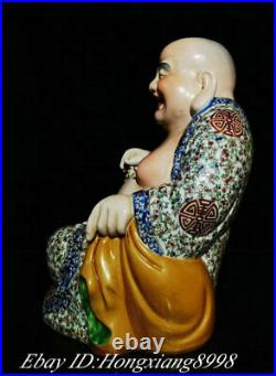 11.8 Old Chinese Color Porcelain Seat Happy Laugh Maitreya Buddh Lucky Statue