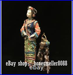 11 China Wucai Porcelain Pottery Classical Belle Lady Girl Noble Bird Statue