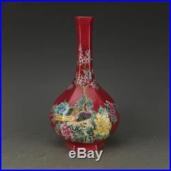 11 China antique Porcelain yongzheng Carmine flower and bird Dan vase statue