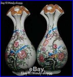 11 Enamel Porcelain Peony Flower Magpie Bird Five Orifice Vase Botter Jar Pair