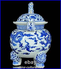 11 Marked Blue White Porcelain Dynasty Lion Dragon 3 Legs Incense Burner Censer