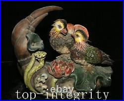 11'' Old China Wucai Porcelain Magpie Bird Birds Load Flower Animal Statue