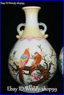 11 Unique Emerald Color Porcelain Magpie Bird Flower Tree Pot Vase Bottle Pair