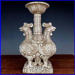 12.3 China Porcelain tang dynasty White Ice crack double bird lampstand Statue