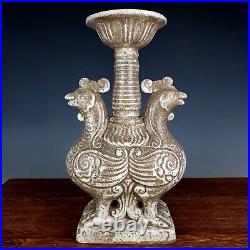 12.3 China Porcelain tang dynasty White Ice crack double bird lampstand Statue