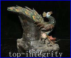 12.5'' Old China Wucai Porcelain Flower Peony Flower Peacock Peahen Bird Statue