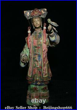 12.8 Marked Chinese Wucai Pottery Porcelain Dynasty Belle Beauty Bird Statue