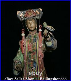 12.8 Marked Chinese Wucai Pottery Porcelain Dynasty Belle Beauty Bird Statue