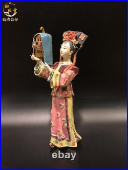 12 China Belle Women Play Bird Statue Wucai Porcelain Pottery Classical Beauty