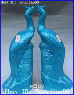 12 China Color Porcelain Feng Shui Peony Peacock Peahen Bird Animal Statue Pair
