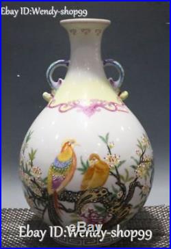 12 China Famille-rose Porcelain Magpie Bird Peony Flower Bottle Vase Jar Statue