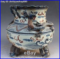 12 China Ming Dynasty Wucai Porcelain Dragon Phoenix Bird 3 Foot Pot Jar Crock