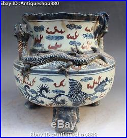 12 China Ming Dynasty Wucai Porcelain Dragon Phoenix Bird 3 Foot Pot Jar Crock