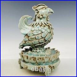 12 China Porcelain Song dynasty ru kiln mark A pair cyan Ice crack bird Statue