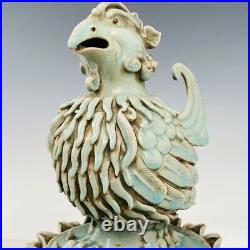 12 China Porcelain Song dynasty ru kiln mark A pair cyan Ice crack bird Statue