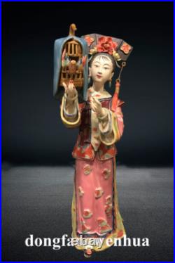 12 China Wucai Porcelain Pottery Classical Beauty Belle Women Play bird Statue