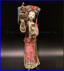 12 China Wucai Porcelain Pottery Classical Beauty Belle Women Play bird Statue