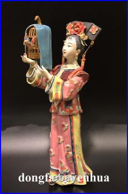 12 China Wucai Porcelain Pottery Classical Beauty Belle Women Play bird Statue