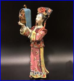 12 China Wucai Porcelain Pottery Classical Beauty Belle Women Play bird Statue