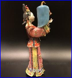 12 China Wucai Porcelain Pottery Classical Beauty Belle Women Play bird Statue