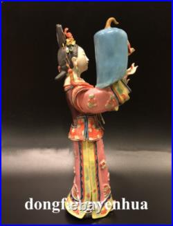 12 China Wucai Porcelain Pottery Classical Beauty Belle Women Play bird Statue