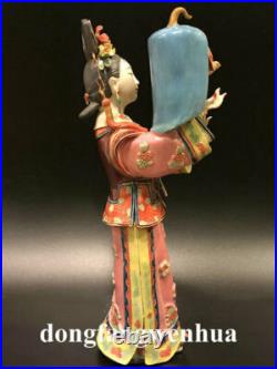 12 China Wucai Porcelain Pottery Classical Beauty Belle Women Play bird Statue