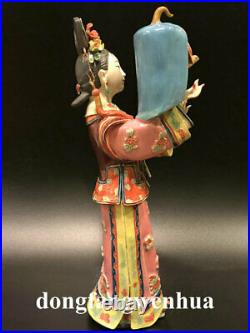 12 China Wucai Porcelain Pottery Classical Beauty Belle Women bird cage Statue