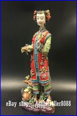 12 China Wucai porcelain Pottery Ceramic Beauty Belle Women Bird Chick Statue