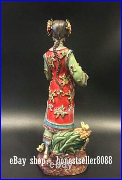 12 China Wucai porcelain Pottery Ceramic Beauty Belle Women Bird Chick Statue