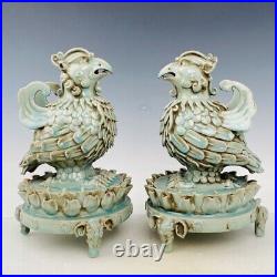 12 Chinese Old Porcelain Song dynasty ru kiln A pair cyan Ice crack bird Statue
