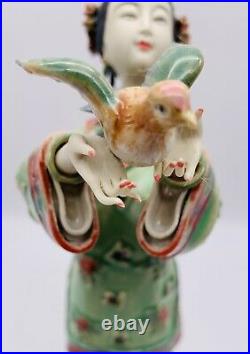 12 Chinese Wucai Porcelain Classical Beauty Woman Dove Bird Long Life Figurine