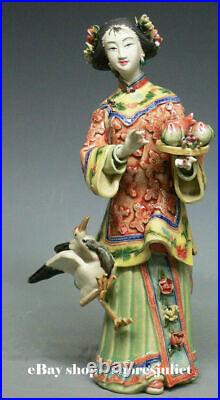 12 Chinese Wucai Porcelain Classical Beauty Women Bird Peach Long Life Figurine