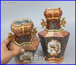 12 Chinese Wucai Porcelain Gild Palace Magpie Bird Flower Bottle Vase Jar Pair