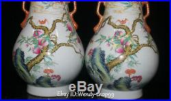 12 Enamel Color Porcelain Cranes Peach Tree Bird Vase Bottle Pot Pitcher Pair