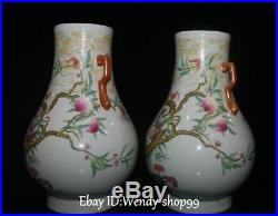 12 Enamel Color Porcelain Cranes Peach Tree Bird Vase Bottle Pot Pitcher Pair