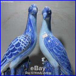12 Marked Chinese White Blue Porcelain Magpie Bird Animal Tree Statue Pair