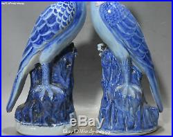 12 Marked Chinese White Blue Porcelain Magpie Bird Animal Tree Statue Pair