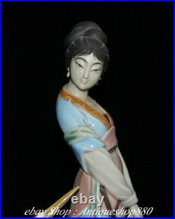 12 Old China Wucai Porcelain Woman Belle Beauty Red-crowned crane Bird Statue